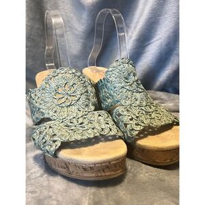 Jellypop Crochet Wedge Sandals Women's Size 11 Blue Cork Platform Memory Foam